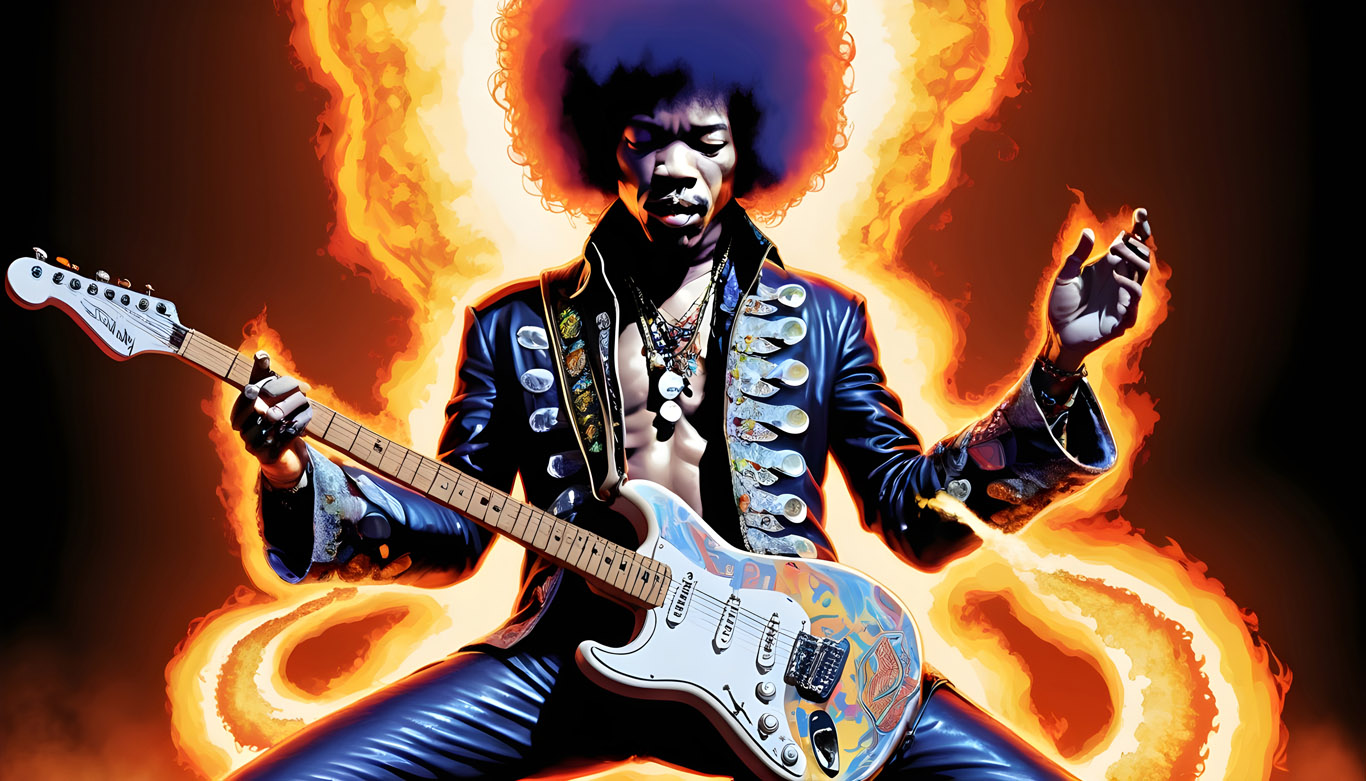 Jimi Hendrix and burning Guitar